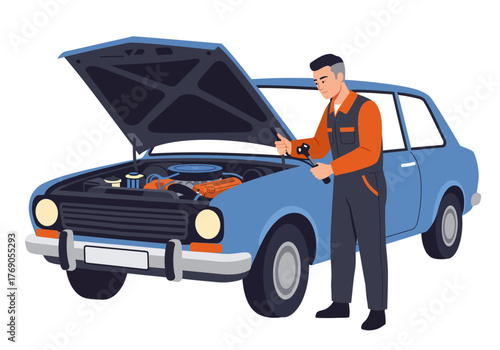Mechanic fixing blue car with open hood. Suitable for automotive service brochures, repair shop websites, and mechanic service advertisements.