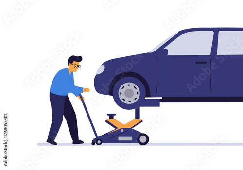 Man lifting a car with a jack, demonstrating auto repair or emergency situation. Suitable for automotive blogs, tutorials, or mechanic websites.