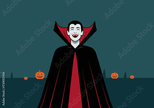 A stylized vampire in a classic cape and collar, grinning with fangs, against a Halloween backdrop of pumpkins. Bold, graphic illustration. "Bite the Night!"
