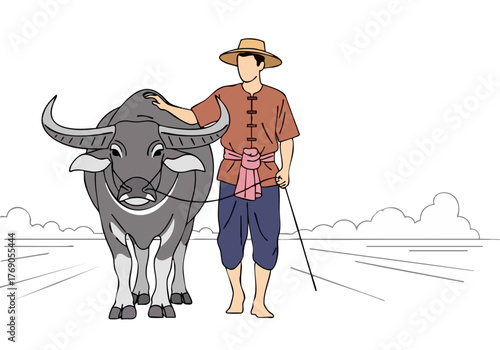 A Thai farmer guides a water buffalo across a field. Traditional attire and rural setting evoke a sense of heritage and hard work.  Clear, graphic style.