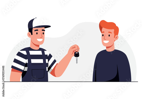 Smiling worker handing keys to customer in vector format. Great for car rentals, real estate, customer service, or business concepts.