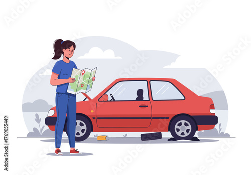 Woman lost near broken car, uses map. Suitable for travel, navigation, transportation themes. Adventure, roadside assistance concepts. Outdoor exploration content.