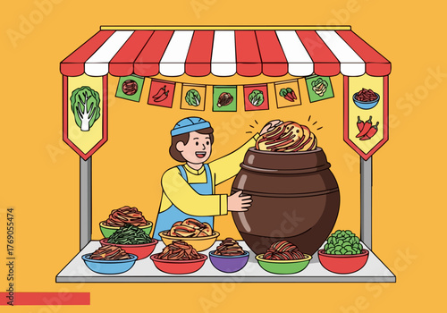 A smiling vendor proudly displays a large barrel of kimchi at a colorful Korean food stall. Bright, inviting, and perfect for food or travel themes.