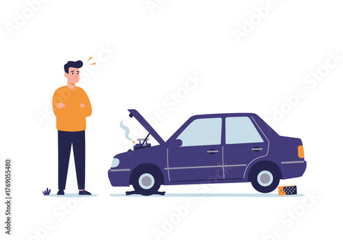 Man looking stressed next to his broken down car. Perfect for automotive, insurance, and roadside assistance related concepts.