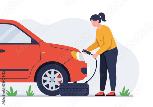 Woman changing red cars tire roadside, suitable for automotive blogs, roadside assistance services, car maintenance websites, and social media posts.