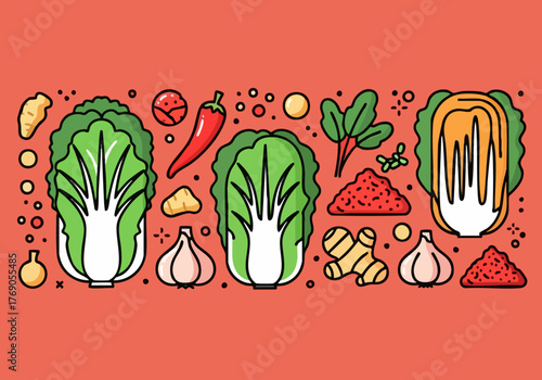 vibrant banner illustration showcases Korean kimchi ingredients - Napa cabbage radish chili garlic and spices Clean modern line art with a bright red background
