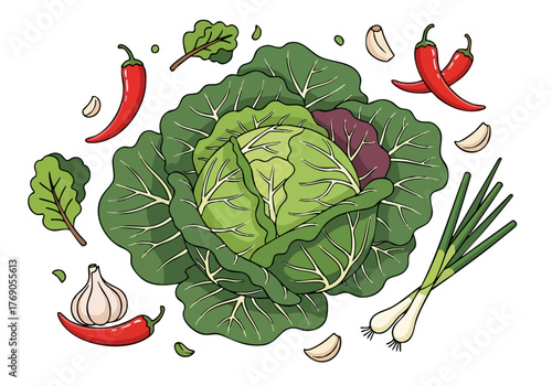 vibrant illustration showcases fresh cabbage chili peppers garlic and scallions Crisp detailed textures and bold colors create a visually appealing food arrangement