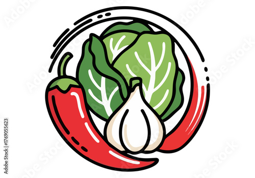 vibrant logo featuring kimchi ingredients - cabbage chili pepper and garlic - within a circular frame -Logo Kimchi Pride- text adds a cultural touch Bold colorful and commercially appealing