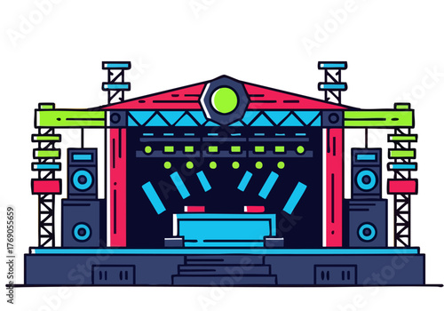 Vibrant, stylized stage illustration with bold lines and bright colors. Perfect for music, events, or entertainment themes. Clean, modern design.