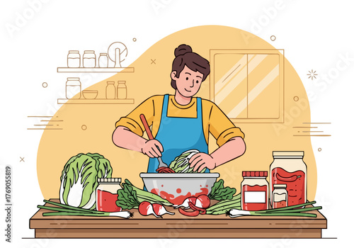 A smiling woman prepares kimchi in a bright kitchen. She wears an apron and focuses on the ingredients, showcasing a hands-on cooking workshop. Warm, inviting, and visually appealing.