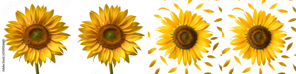 Obraz premium Four vibrant sunflowers isolated on transparent background are presented