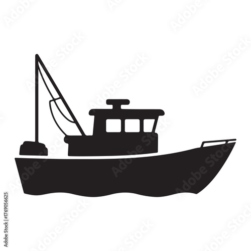 Silhouette of a fishing boat floating on water black and white vector image depicting maritime industry and seafaring adventures