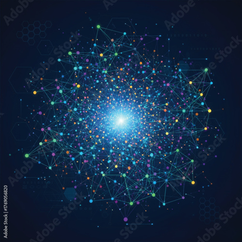 ModernThis image depicts an abstract digital network or data explosion. A bright, luminous blue core at the center radiates outwards, spreading numerous small, colorful dots and inte networking system