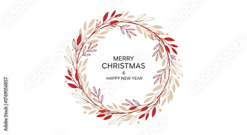 Festive Holiday Wreath Design with Merry Christmas and Happy New Year Greetings, Elegant Celebration