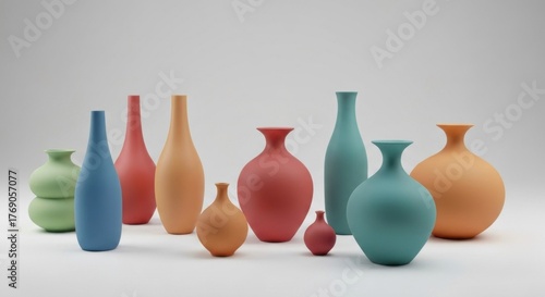 Group of matte, colorful, minimalist vases in various shapes, on white