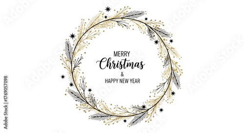 Elegant Christmas and New Year wreath design with festive text, perfect for seasonal greetings