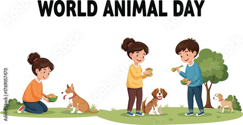 World animal day concept with people feeding dogs celebration of animal rights and welfare