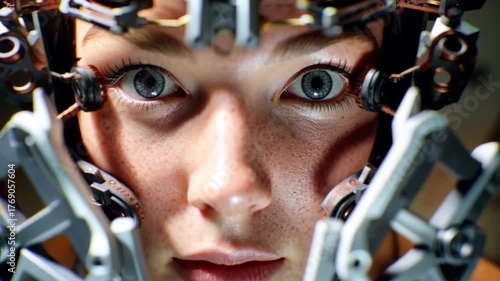 Intense gaze under high tech: A young person is surrounded by futuristic technological device, her eyes reflect a mix of curiosity and anticipation, a blend of wonder and concentration.