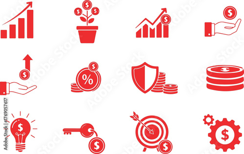 A set of vector icons and symbols for web design, featuring a red heart for love and an arrow for business and sale signs