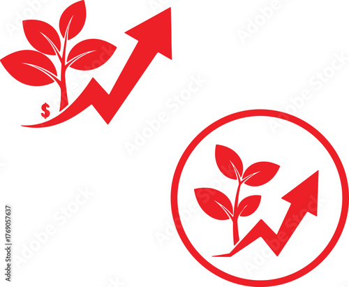 Red arrow icon with green leaves symbolizing growth and success