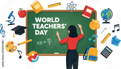 World teachers day concept with teacher writing chalkboard surrounded by school supplies and decorations