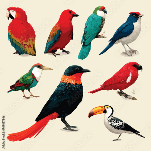 Decorative Tropical Birds Vector Art.