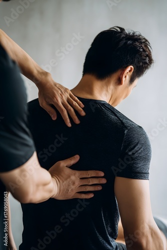 Physiotherapist Massaging Man’s Shoulder and Back to Relieve Muscle Pain