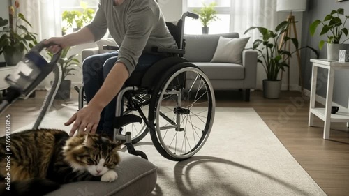 Independent person with disability vacuuming home carpet from wheelchair, daily life cleaning scene with calm cat sleeping nearby