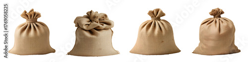 Set For Four tied burlap sacks isolated on transparent background, empty inside