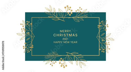 Elegant Christmas and New Year Greeting Card with Golden Floral Border and Teal Background