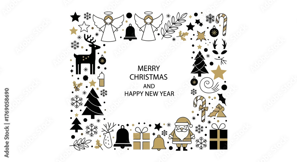 Obraz premium Festive Christmas and New Year's Greeting Card with Decorative Elements in Black and Gold