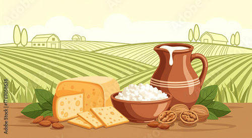 Milk, cottage cheese, nuts, and cheese against a slightly blurred background of a field or farm.