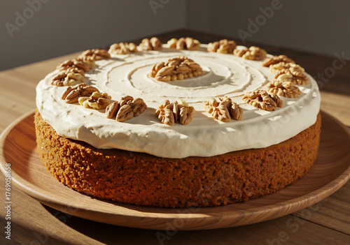 Uncut low-calorie carrot cake topped with buttercream icing and nuts on a wooden plate.