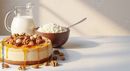 Realistic image: a pitcher of milk, a bowl of cottage cheese, and a cheesecake with honey and nuts on a light background with space for text.