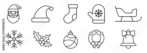 christmas outline icon set santa hat sock mitten sleigh snowflake holly ornament wreath bell vector
