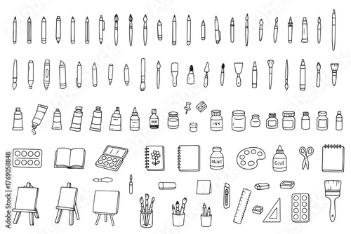 A set of vector doodle-style drawing elements. Art supplies: paint tubes, brushes, pencils, markers, watercolors, gouache, palette, and crayons. Vector illustration