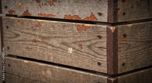 Stacked, weathered wooden crates with rusted metal edges show age and decay