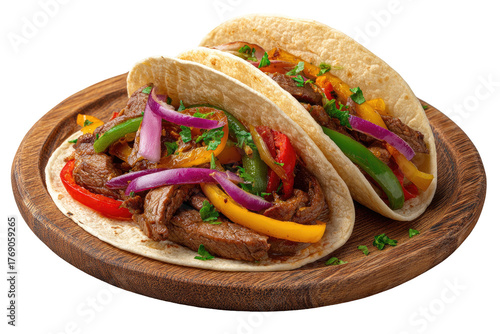 Two tacos with colorful peppers and meat on a wood platter
