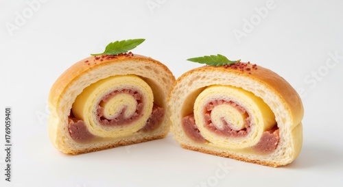 Sweet roll bun, cut, filled with red bean paste and yellow custard