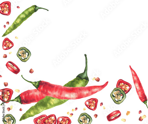 Watercolor chili pepper frame. Green and red whole vegetables and cut pods round sliced with seeds. Realistic painted illustrations. Hot spice rectangular template for food Isolated from background
