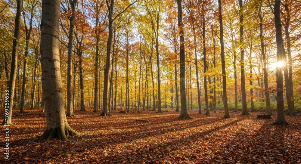 Fototapeta premium Sunlit autumn forest with tall trees casting long shadows on fallen leaves