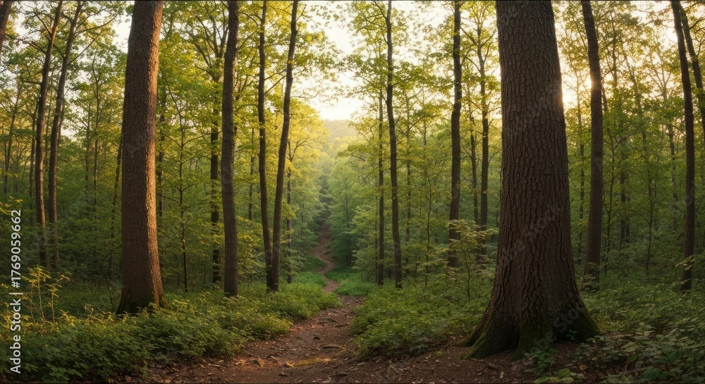 Fototapeta premium Sunlit path winds through dense forest, tall trees frame the scene