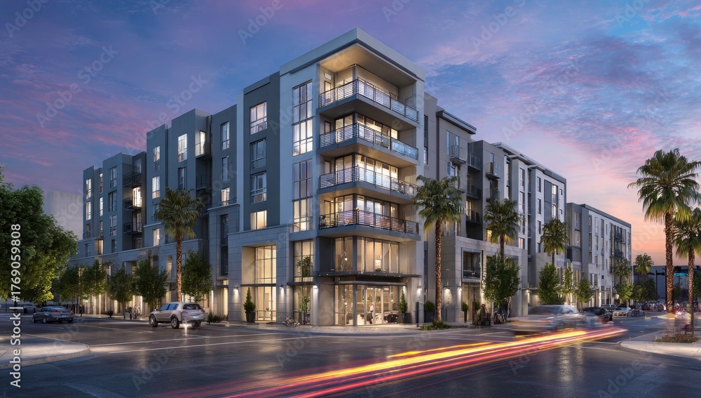 Obraz premium Modern apartment complex glows at dusk with city street and palm trees