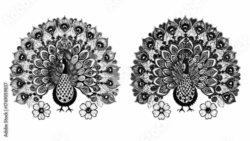 Elegant peacock illustration with intricate feather details and floral accents, a timeless artistic design
