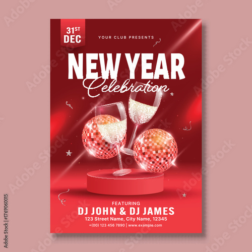 New Year Celebration Poster Template in Red Color with Disco Ball and Wine Glass for Club, Night Party.