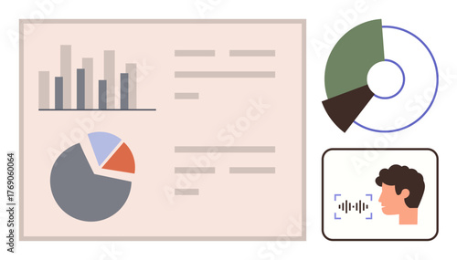 Bar chart, pie graph, and text on data analytics dashboard with facial recognition and voice analysis overlays. Ideal for business, technology, AI, communication, research, data education