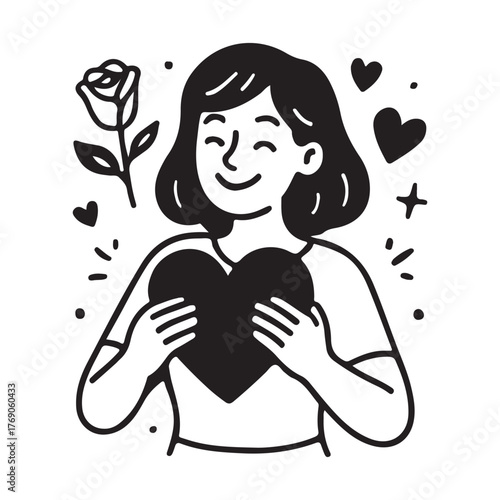 Expressive doodle art showing a happy woman holding a heart, surrounded by love and positivity, perfect for Valentine's Day or mental health campaigns