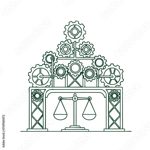 This minimalist line drawing presents an elaborate arrangement of rotating cogs and mechanical components, framing a classic balance scale, signifying fairness and industry.