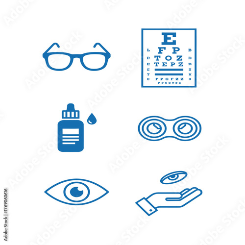 A set of blue line icons representing optometry, vision care, and ophthalmology concepts.