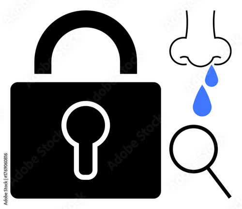 Lock representing security, nose with dripping drops for sensitivity or detection, and magnifying glass for research. Ideal for privacy, data protection, sensitivity, investigation, security